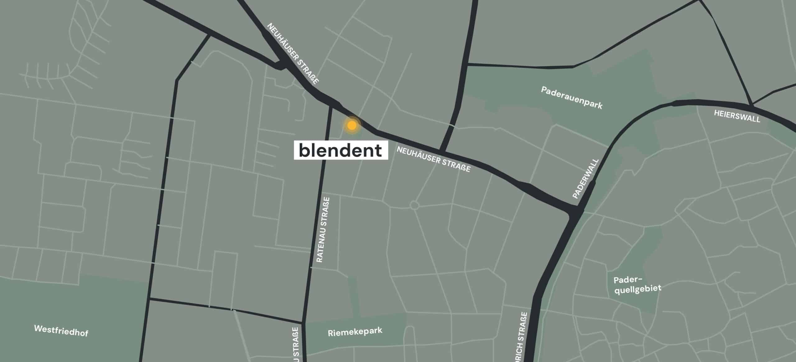 Standortkarte der blendent Zahnärzte, Implanate und Smile Design in Paderborn mit Markierung der Praxis in der Neuhäuser Straße 61a.